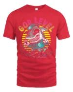 Rad God Level Surfing Shark Retro Sunset Graphic Tshirt - red t-shirt on white background