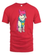 Funny Frenchie Superhero Pink Mask Graphic Comic Tshirt - red t-shirt on white background