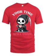Cute Grim Reaper Your Time Will Come Coffee Graphic Tshirt - red t-shirt on white background