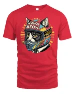 Retro Wawa Meow Biker Cat Motorcycle Graphic Tshirt - red t-shirt on white background