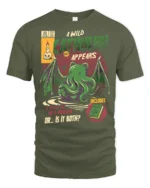 Retro Comic Book Cathulhu Monster Cat Graphic Tshirt - military green t-shirt on white background