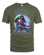 Cute Dachshund Rogue Sneaky Sausage Fantasy RPG Tshirt - military green t-shirt on white background