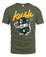 Dope Kush Ville Stoner Raccoon Smoking Blunt Graphic Tshirt - military green t-shirt on white background