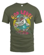 Rad God Level Surfing Shark Retro Sunset Graphic Tshirt - military green t-shirt on white background