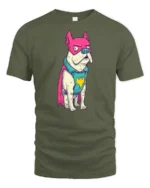Funny Frenchie Superhero Pink Mask Graphic Comic Tshirt - military green t-shirt on white background