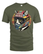 Retro Wawa Meow Biker Cat Motorcycle Graphic Tshirt - military green t-shirt on white background