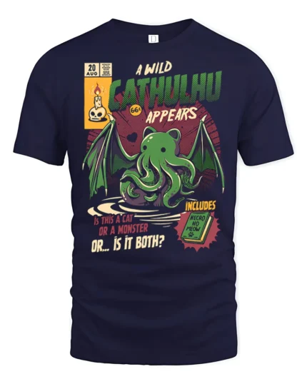 Retro Comic Book Cathulhu Monster Cat Graphic Tshirt - navy t-shirt on white background