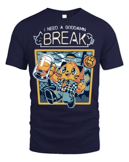 Funny I Need A Break Cat Drinking Beer Graphic Tshirt - navy t-shirt on white background