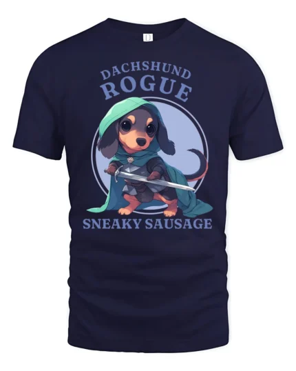 Cute Dachshund Rogue Sneaky Sausage Fantasy RPG Tshirt - navy t-shirt on white background
