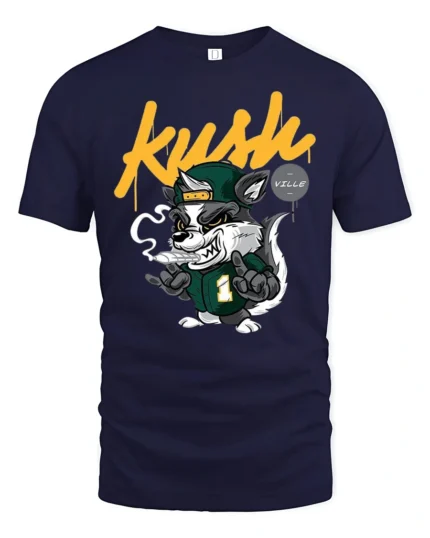 Dope Kush Ville Stoner Raccoon Smoking Blunt Graphic Tshirt - navy t-shirt on white background