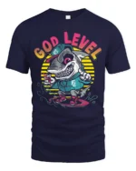 Rad God Level Surfing Shark Retro Sunset Graphic Tshirt - navy t-shirt on white background