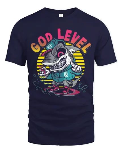 Rad God Level Surfing Shark Retro Sunset Graphic Tshirt - navy t-shirt on white background