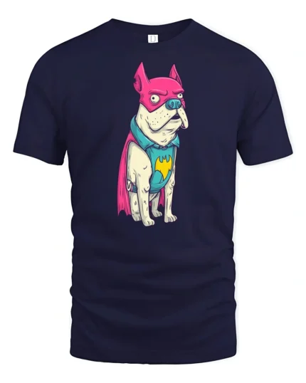 Funny Frenchie Superhero Pink Mask Graphic Comic Tshirt - navy t-shirt on white background