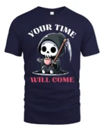 Cute Grim Reaper Your Time Will Come Coffee Graphic Tshirt - navy t-shirt on white background