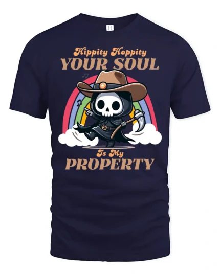 Funny Cowboy Grim Reaper Hippity Hoppity Soul Tshirt - navy t-shirt on white background