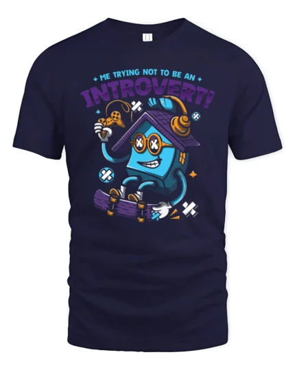 Funny Introvert House Gaming Skateboard Graphic Tshirt - navy t-shirt on white background