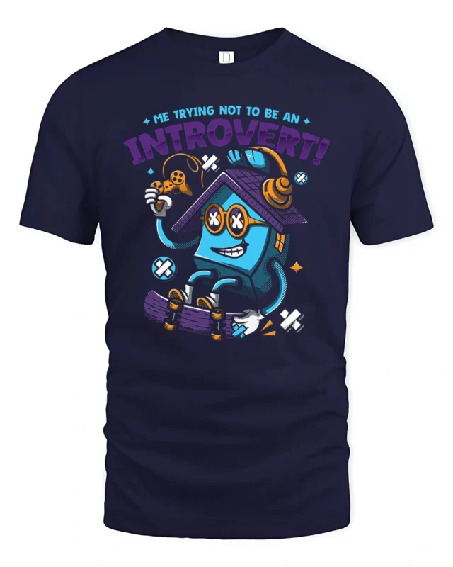 Funny Introvert House Gaming Skateboard Graphic Tshirt - navy t-shirt on white background