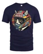 Retro Wawa Meow Biker Cat Motorcycle Graphic Tshirt - navy t-shirt on white background