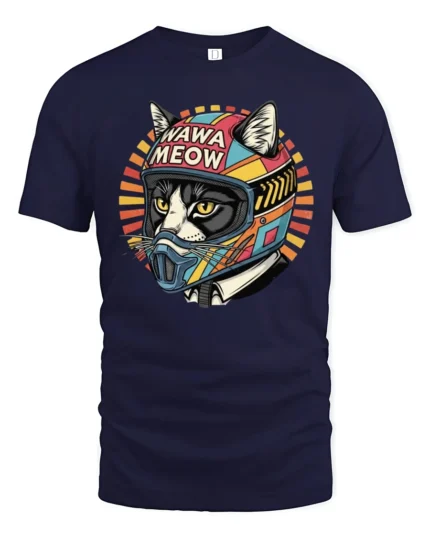 Retro Wawa Meow Biker Cat Motorcycle Graphic Tshirt - navy t-shirt on white background