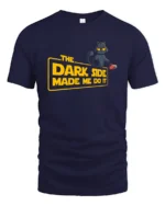 Funny Dark Side Black Cat Spilling Coffee Graphic Tshirt - navy t-shirt on white background