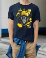 Cool Vaping Ape Disc Golf Champion Retro Graphic Tshirt - model wearing navy tee with hands in pockets