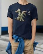 Funny Two Headed Dragon Roaring Knight Graphic Tshirt - model wearing navy tee with hands in pockets