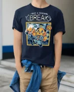 Funny I Need A Break Cat Drinking Beer Graphic Tshirt - model wearing navy tee with hands in pockets