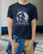 Cute Dachshund Rogue Sneaky Sausage Fantasy RPG Tshirt - model wearing navy tee with hands in pockets