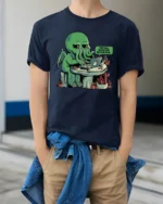 Funny Cthulhu This Call Could Have Been An Email Tshirt - model wearing navy tee with hands in pockets