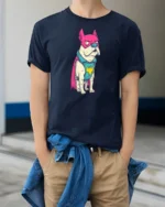Funny Frenchie Superhero Pink Mask Graphic Comic Tshirt - model wearing navy tee with hands in pockets
