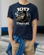Urban Chimp Streetlife 1017 Hip Hop Music Graphic Tshirt - model wearing navy tee with hands in pockets