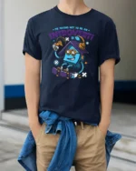 Funny Introvert House Gaming Skateboard Graphic Tshirt - model wearing navy tee with hands in pockets