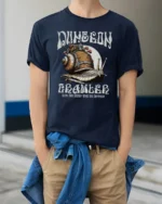 Funny Snail Dungeon Crawler Slow Campaign Graphic Tshirt - model wearing navy tee with hands in pockets