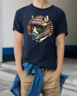 Retro Wawa Meow Biker Cat Motorcycle Graphic Tshirt - model wearing navy tee with hands in pockets