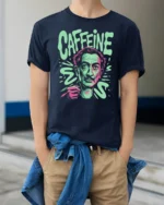 Trippy Salvador Dali Caffeine Addict Surreal Artist Tshirt - model wearing navy tee with hands in pockets