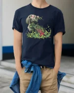 Gory Cyber Skull Toxic Sludge Circuit Board Tshirt - model wearing navy tee with hands in pockets