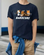 Funny Bardcore Animal Musicians Tabletop Gaming Graphic Tshirt - model wearing navy tee with hands in pockets