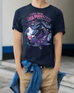 Frightful Doctor Dolphinstein Mad Scientist Graphic Tshirt - model wearing navy tee with hands in pockets