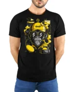 Cool Vaping Ape Disc Golf Champion Retro Graphic Tshirt - model wearing black tee with hands behind back