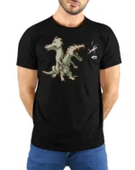 Funny Two Headed Dragon Roaring Knight Graphic Tshirt - model wearing black tee with hands behind back