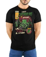 Retro Comic Book Cathulhu Monster Cat Graphic Tshirt - model wearing black tee with hands behind back