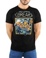 Funny I Need A Break Cat Drinking Beer Graphic Tshirt - model wearing black tee with hands behind back