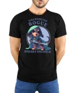 Cute Dachshund Rogue Sneaky Sausage Fantasy RPG Tshirt - model wearing black tee with hands behind back