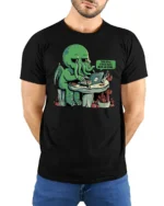 Funny Cthulhu This Call Could Have Been An Email Tshirt - model wearing black tee with hands behind back