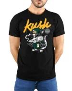 Dope Kush Ville Stoner Raccoon Smoking Blunt Graphic Tshirt - model wearing black tee with hands behind back
