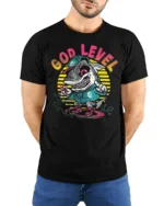 Rad God Level Surfing Shark Retro Sunset Graphic Tshirt - model wearing black tee with hands behind back
