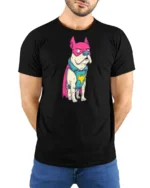 Funny Frenchie Superhero Pink Mask Graphic Comic Tshirt - model wearing black tee with hands behind back