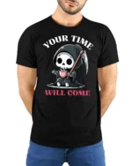 Cute Grim Reaper Your Time Will Come Coffee Graphic Tshirt - model wearing black tee with hands behind back