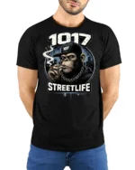 Urban Chimp Streetlife 1017 Hip Hop Music Graphic Tshirt - model wearing black tee with hands behind back