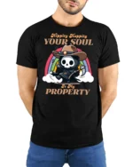 Funny Cowboy Grim Reaper Hippity Hoppity Soul Tshirt - model wearing black tee with hands behind back